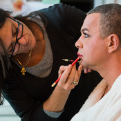 Make-up Artist Ana Bulajić Črček with actor Nebojša Glogovac (behind the scenes) <em>Photo: © Saša Huzjak</em>