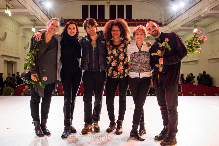 Kjara Starič Wurst, Daša Rashid, Edward Clug, Maša Kagao Knez, Minka Veselič Kološa and Lotem Regev after Final performance @ Zimska plesna šola / Winter dance school, Maribor (Slovenia), 20/02 > 23/02/2015 <em>Photo: © Saša Huzjak</em>