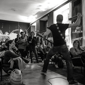 Damir Avdić with audience @ Salon uporabnih umetnosti, Maribor (Slovenia), 12/04/2016 <em>Photo: © Saša Huzjak</em>