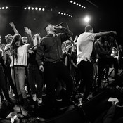 Young Fathers with fans on stage @ MENT Ljubljana, Ljubljana (Slovenia), 31/01 > 02/02/2018 <em>Photo: © Saša Huzjak</em>